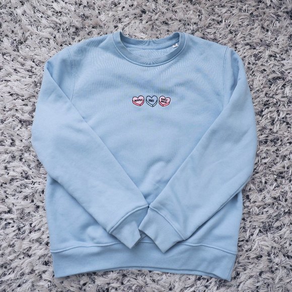 sassyspud Sweaters - LOVEHEARTS Fries, Hummus & Garlic Bread Light Blue Retro Embroidered Sweater